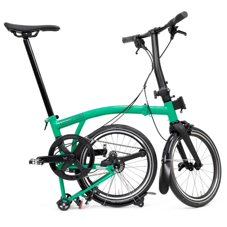 Brompton P Line 4-speed folding bike - Palm Green - parked position.webp