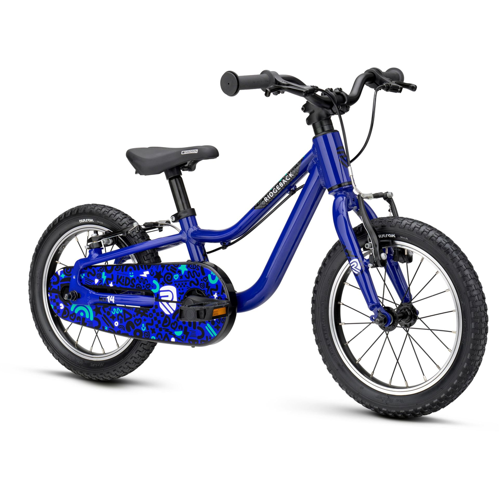 Ridgeback MX14 kids bike with 14 inch wheel size - blue colour - front side view - stock photo rb1611000_mx14_blue_detail_02.webp