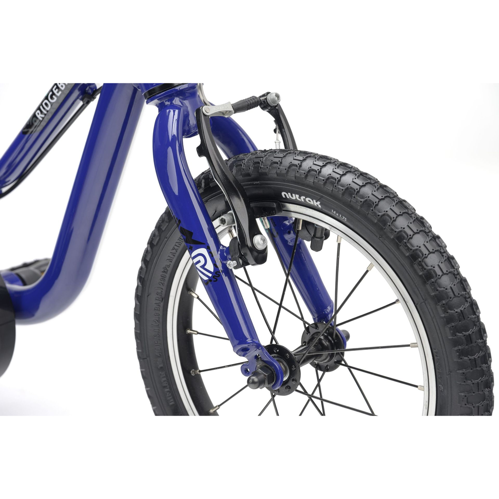 Ridgeback MX14 kids bike wit 14 inch wheel size - blue colour - showing forks and front brake - stock photo rb1611000_mx14_blue_detail_03.webp