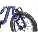 Ridgeback MX14 kids bike wit 14 inch wheel size - blue colour - showing forks and front brake - stock photo rb1611000_mx14_blue_detail_03.webp