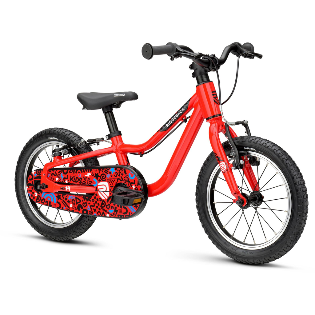 Ridgeback MX14 kids bike with 14 inch eheels - front side view - red colour - stock photo rb1611300_mx14_red_detail_02.webp