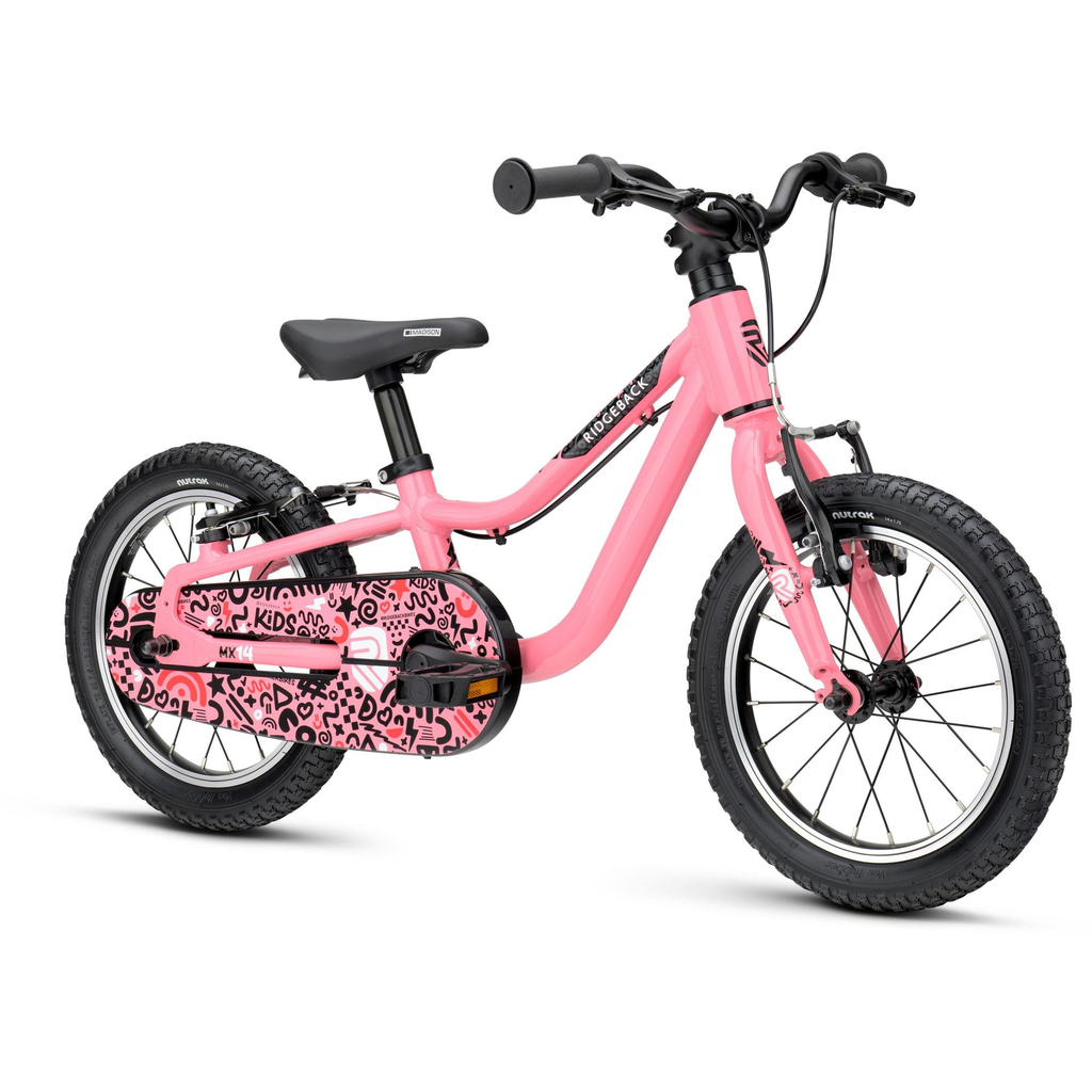 Ridgeback MX14 kids bike with 14 inch wheels - colour pink - front side view - stock photo rb1611200_mx14_pink_detail_02.webp