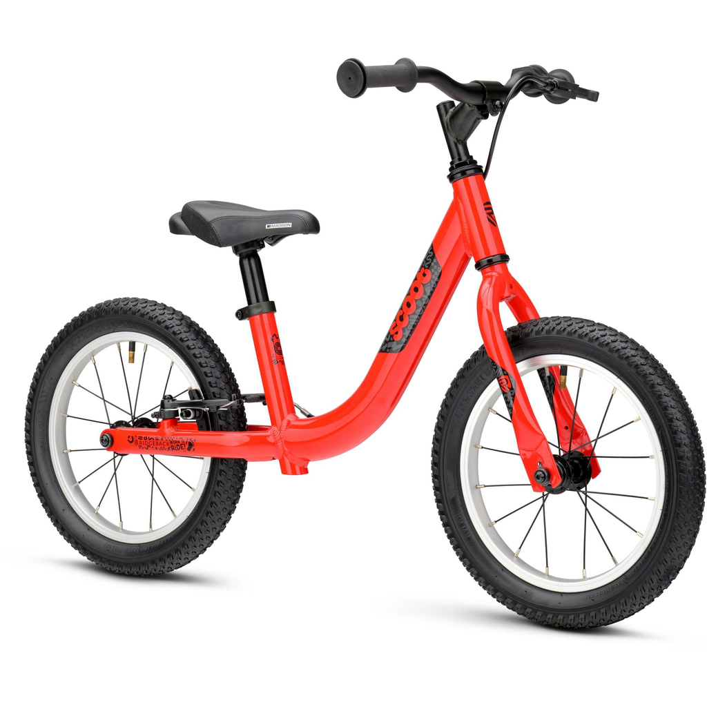 Ridgeback Scoot XL Kids Balance Bike - Racing Red colour - Front side view - stock photo rb1422000_scootxl_red_detail_02.webp
