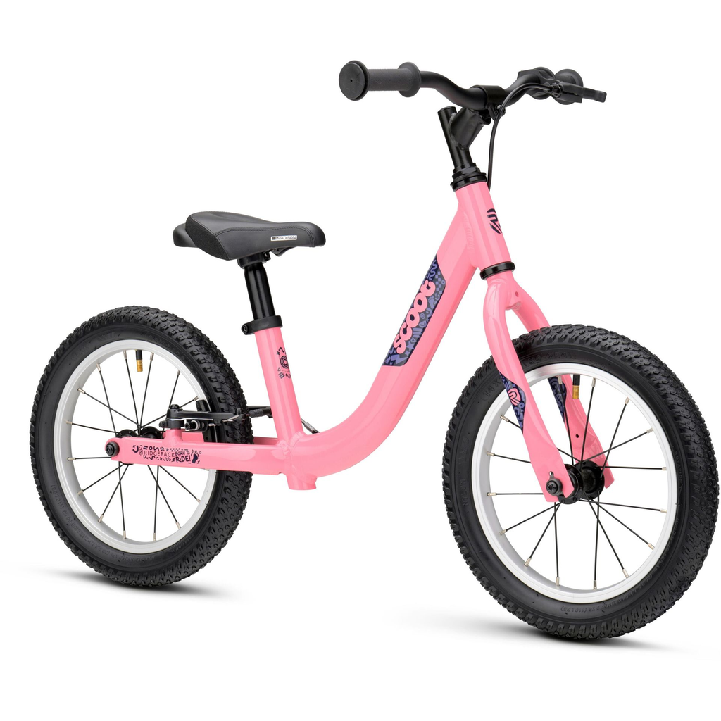 Ridgeback Scoot XL Kids Balance Bike - Polly Pink colour - Front side view - stock photo rb1422400_scootxl_pink_detail_02.webp