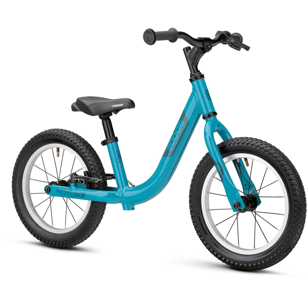 Ridgeback Scoot XL Kids Balance Bike - Turbo Teal colour - Front side view - stock photo rb1422500_scootxl_teal_detail_02.webp