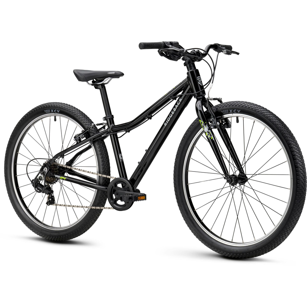 Ridgeback MX 24 Kids Bike with 24 inch wheels - Bolt Black colour - front side view - stock photo  rb1641000_mx24_black_detail_02.webp