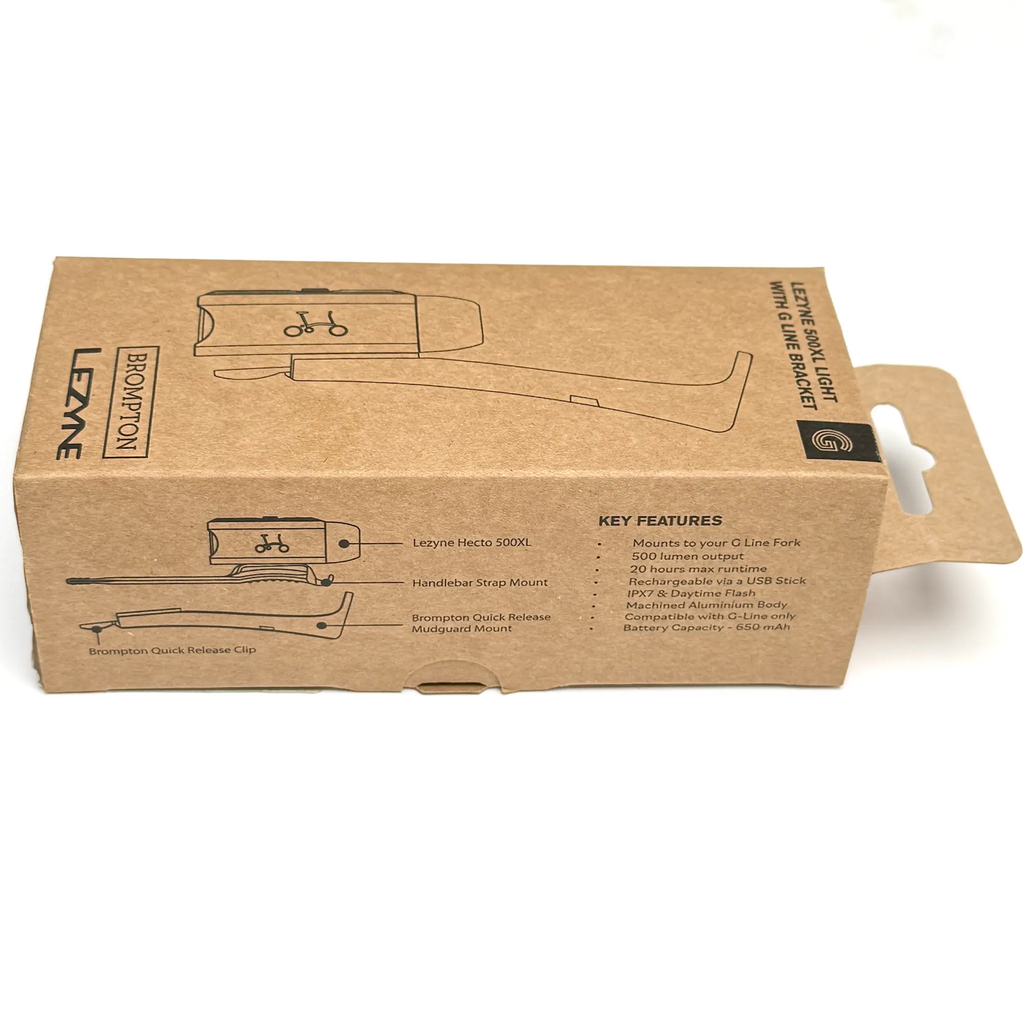 Brompton G Line Lezyne front light in packaging showing features.webp