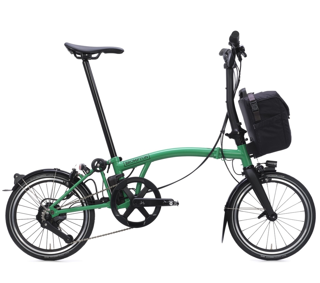 [QE-P-M4R-mPG-rPG-GW] Brompton Electric P Line 4-speed Mid bar folding bike with Rack (SuperRoll) - Palm Green